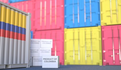 PRODUCT OF COLOMBIA text on the cardboard box and cargo terminal full of containers. 3D rendering