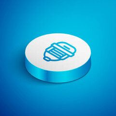 Isometric line Hockey helmet icon isolated on blue background. White circle button. Vector