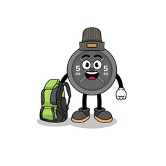 Illustration of barbell plate mascot as a hiker