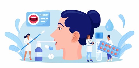 Otolaryngology. ENT treating diseases of ear, nose, throat. Doctor prescribes medications for patient with sore throat, inflamed tonsils, bacterial, viral infection, otitis, runny nose, cough