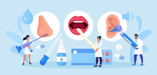 Otolaryngology concept. ENT doctor treating diseases of ear, nose, throat and neck. Otolaryngologist with medical instrument examines patient. Otoscopy procedure. Nasopharynx, sinuses, ear specula