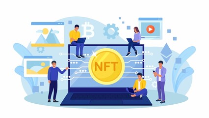 NFT Marketplace with Crypto Art Items on Sale and Blockchain Technology. People Use Non Fungible Token Cryptocurrency to Buy Exclusive Arts, Masterpieces and Antiquities in Cyber Space