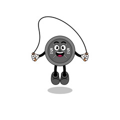 barbell plate mascot cartoon is playing skipping rope