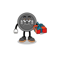 barbell plate mascot illustration giving a gift