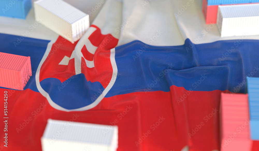 Poster flag of slovakia and small cargo containers, export or import related 3d rendering
