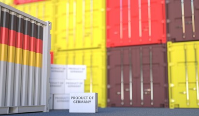 Carton with PRODUCT OF GERMANY text and many containers, 3D rendering