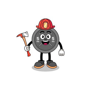 Cartoon mascot of barbell plate firefighter