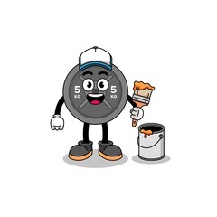 Character mascot of barbell plate as a painter