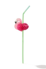 Close-up shot of a green colored corrugated curved straw with a pink paper flamingo decor. The...