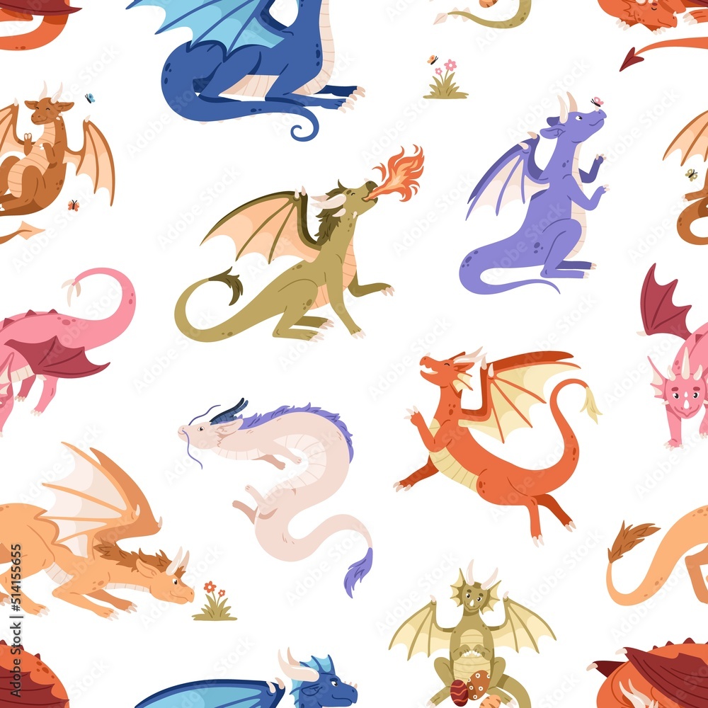 Poster cute dragons pattern. seamless background with fantasy animals with wings. repeating childish print 