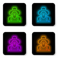 Glowing neon line Farmer in the hat icon isolated on white background. Black square button. Vector