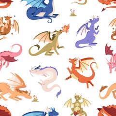 Obraz premium Cute dragons pattern. Seamless background with fantasy animals with wings. Repeating childish print with fairytale baby characters. Fairy kids texture design, decor. Flat cartoon vector illustration