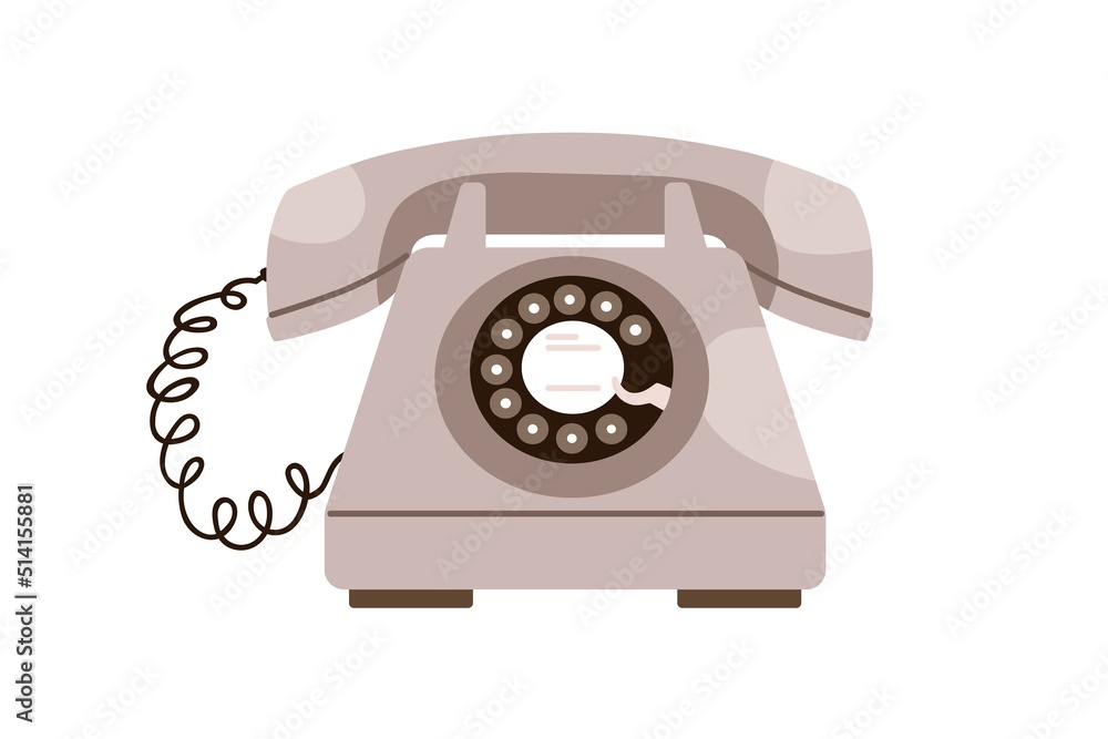 Poster retro telephone with rotary dial disc, headset. old historical phone of 1954 type. 50s, 60s desk set