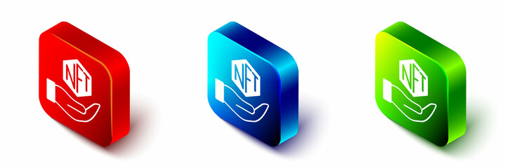 Isometric NFT Digital crypto art icon isolated on white background. Non fungible token. Red, blue and green square button. Vector - obrazy, fototapety, plakaty