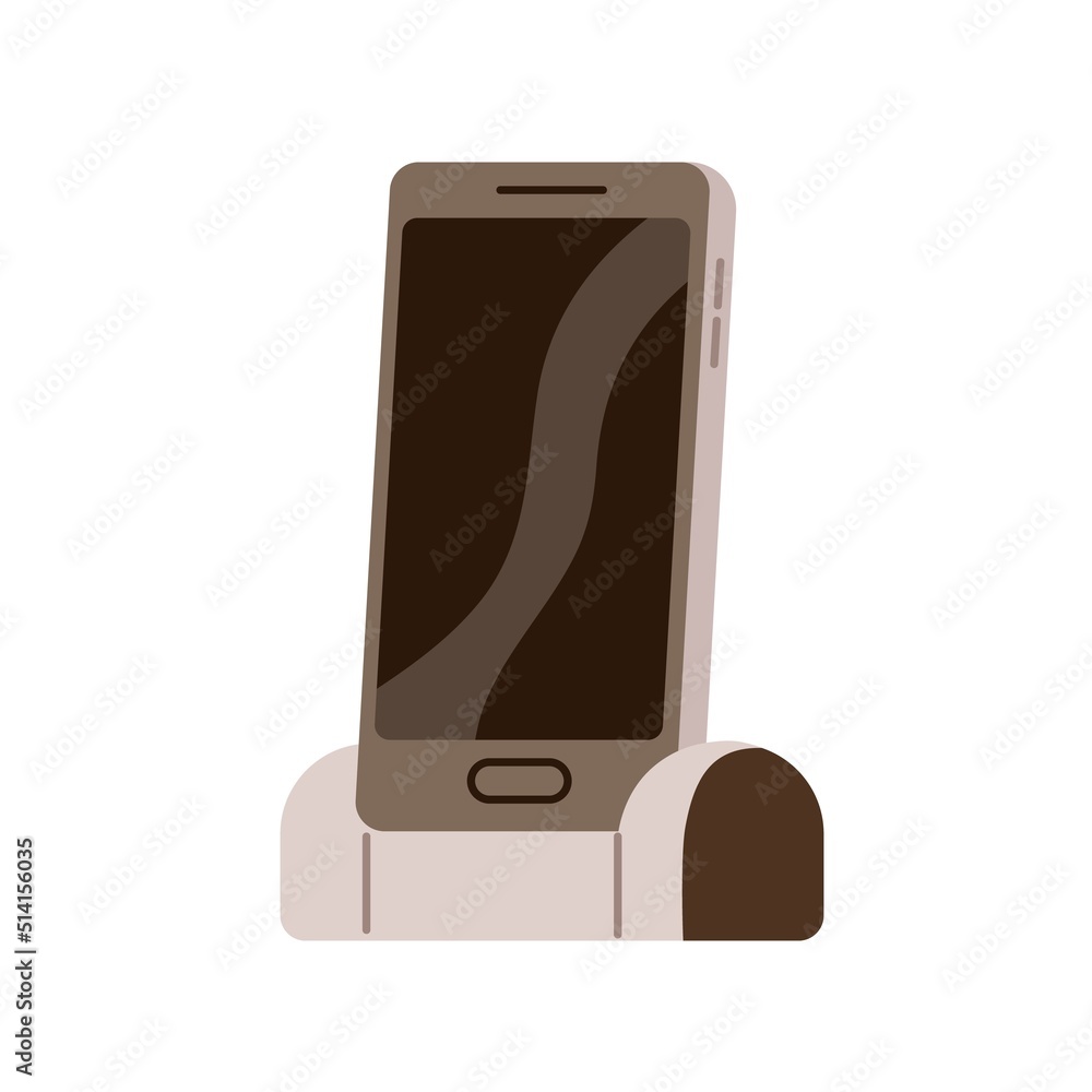 Poster Mobile smart phone with touchscreen on charger base. First smartphone of 2010 type. Single-button cell device. 10s telephone gadget. Flat vector illustration isolated on white background