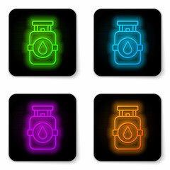 Glowing neon line Propane gas tank icon isolated on white background. Flammable gas tank icon. Black square button. Vector