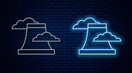 Glowing neon line Nuclear power plant icon isolated on brick wall background. Energy industrial concept. Vector