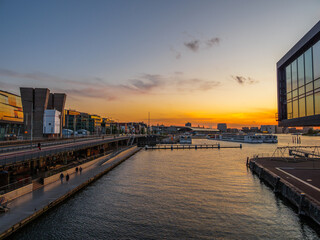 Sunset in Amsterdam with skyline and buildings