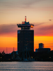 Sunset in Amsterdam with skyline and buildings