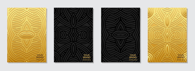Cover set, vertical ethnic templates. A collection of unique backgrounds with 3D embossed geometric pattern of lines. Tribal ornaments based on East, Asia, India, Mexico, Aztecs, Peru.