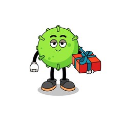 virus mascot illustration giving a gift