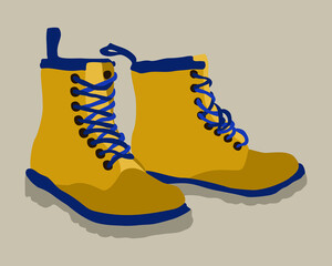 Vector illustration of bright yellow travel boots with blue details and lacing on beige background.