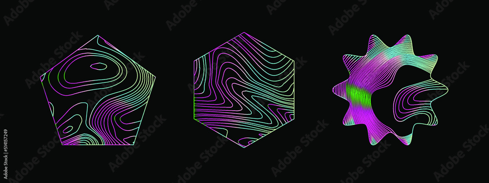 Poster set of holographic shapes on a dark background. elements for logotype design.