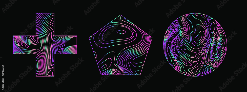 Poster Set of holographic shapes on a dark background. Elements for logotype design.