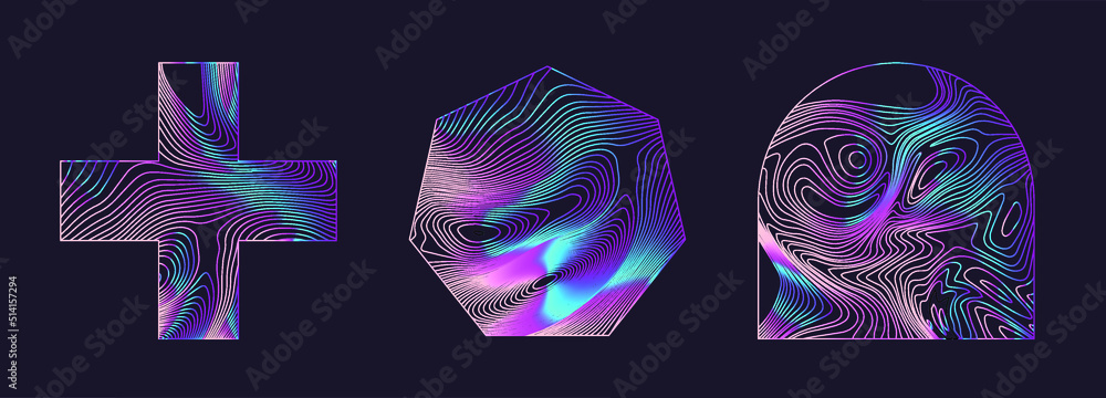 Poster Set of holographic shapes on a dark background. Elements for logotype design.