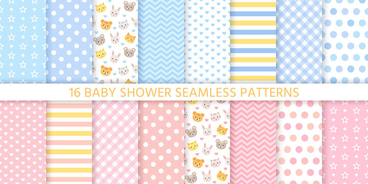 Baby Shower Seamless Patterns For Baby Girl And Boy. Vector Illustration.