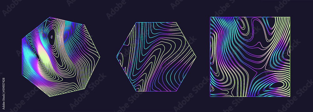 Poster set of holographic shapes on a dark background. elements for logotype design.
