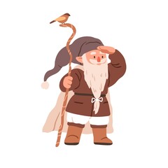 Cute gnome sorcerer with cane and bird. Fairytale bearded wizard. Fairy dwarf elf looking for smth. Old tiny magician in cap. Childish flat vector illustration isolated on white background