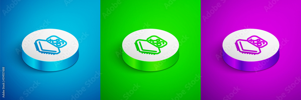 Poster isometric line computer processor with microcircuits cpu icon isolated on blue, green and purple bac