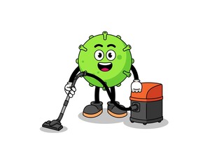 Character mascot of virus holding vacuum cleaner