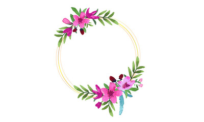 Watercolor pink floral wreath with golden circle Vector