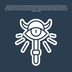 Blue line Magic staff icon isolated on blue background. Magic wand, scepter, stick, rod. Vector