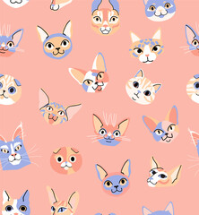 Cat head seamless vector pastel pattern on red background. Cute cartoon pet character. Wrapping paper, textile template. Blue background. Flat design