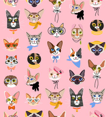 Cute cats head vector seamless pattern. Funny cat characters with glasses, hat and bow. Isolated on pink background