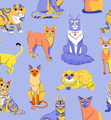 Cat seamless vector pattern on blue background. Cute pet flat illustration for branding, package, fabric and textile, wrapping paper