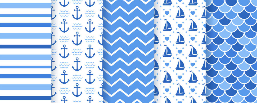 Nautical, Marine Seamless Pattern. Vector Illustration. Sea Backgrounds.