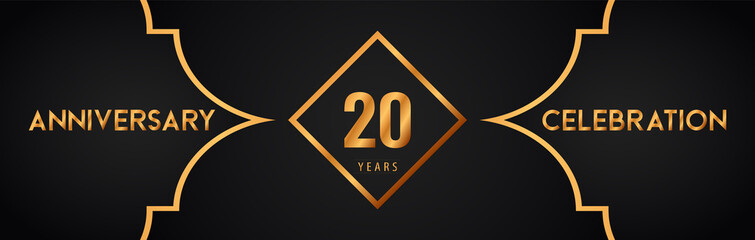 20th years anniversary logotype with gold line art deco background for the celebration event, wedding, greetings card, brochure, banner, poster, leaflet, graduation, happy birthday.