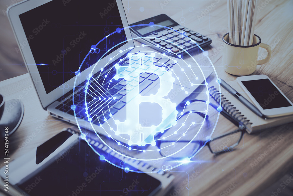 Poster double exposure of blockchain and crypto economy theme hologram and table with computer background. 