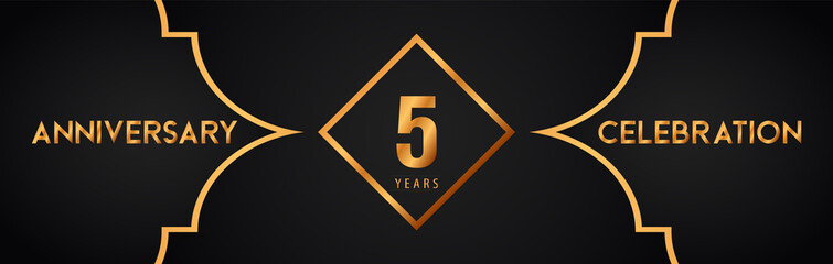 5th years anniversary logotype with gold line art deco background for the celebration event, wedding, greetings card, brochure, banner, poster, leaflet, graduation, happy birthday.