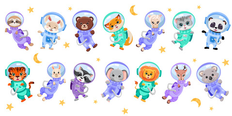 Set of cute animals astronauts in space suits. Hand drawn cartoon vector illustration with galaxy team  in stars with moon for children print design, nursery, wrapping paper or notebook cover.