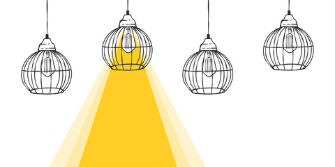 Beam of light banner. Loft lamps drawn by hand with a beam of light. Vector illustration