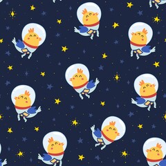 Cute bird astronaut seamless pattern. Space background for kids with funny character. Cosmic print great for fabric and wrapping paper. Vector illustration