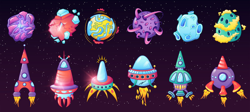 Planets, rockets UFO ships. Elements of a fantasy computer game, space objects isolated on a blue background.  A set of space fantasy objects flying saucer and planets. Cartoon vector illustration