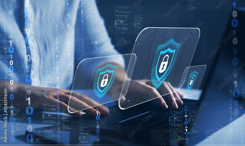Poster network security system. personal data information on tablet.information and cyber security technolo