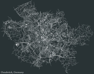 Detailed negative navigation white lines urban street roads map of the German regional capital city of OSNABRÜCK, GERMANY on dark gray background