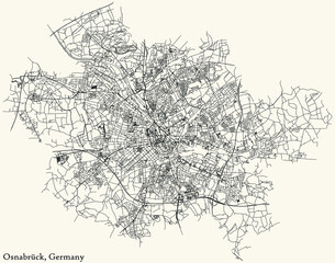 Detailed navigation black lines urban street roads map of the German regional capital city of OSNABRÜCK, GERMANY on vintage beige background